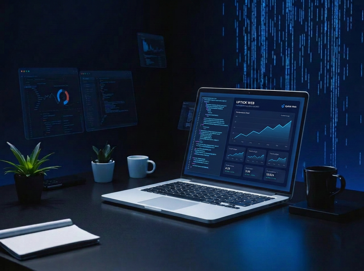 Modern desk workspace with laptop showing glowing blue code and digital rain, surrounded by floating browser windows and growth charts